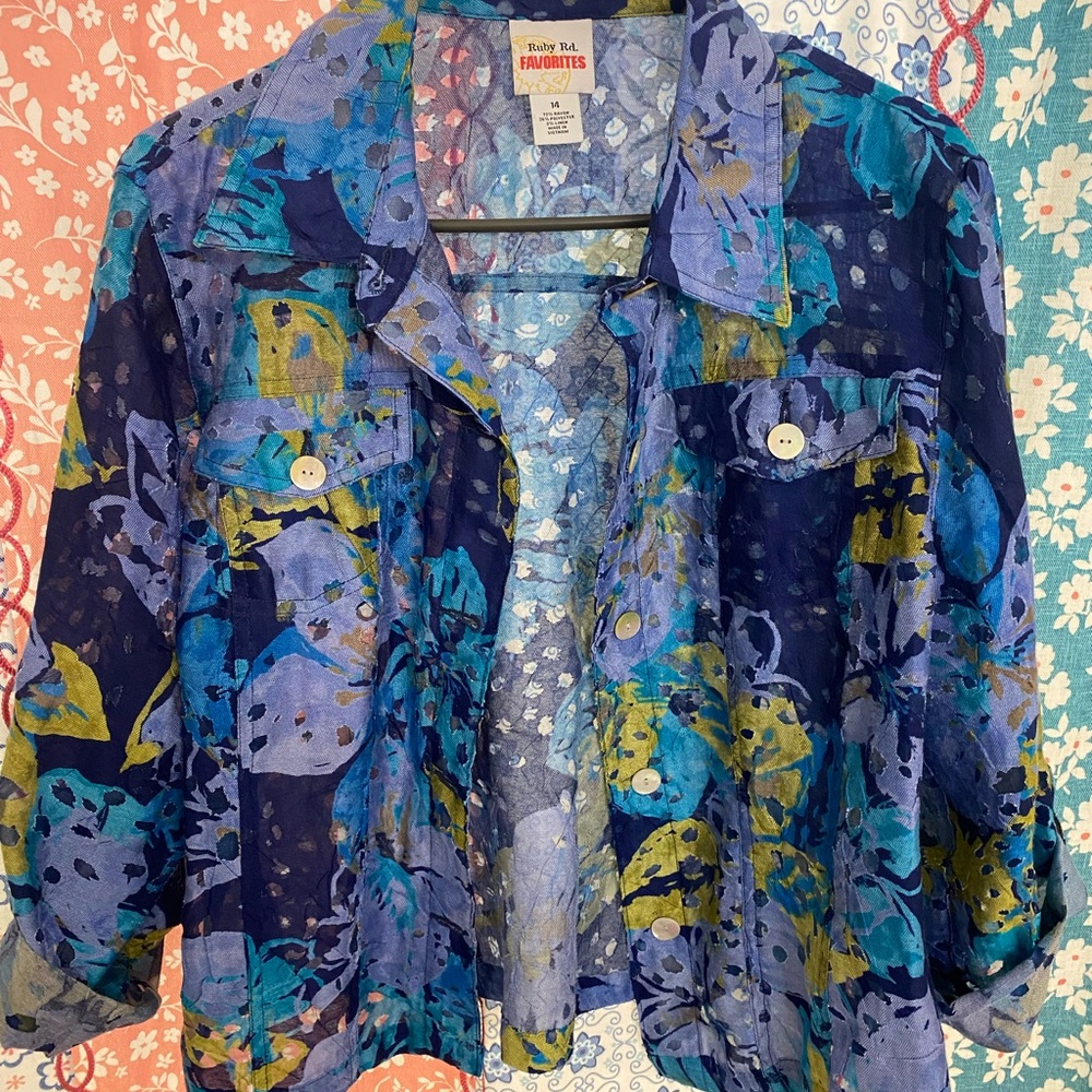 Ruby Rd. Blue and Green Blazer Lightweight Floral size 14
